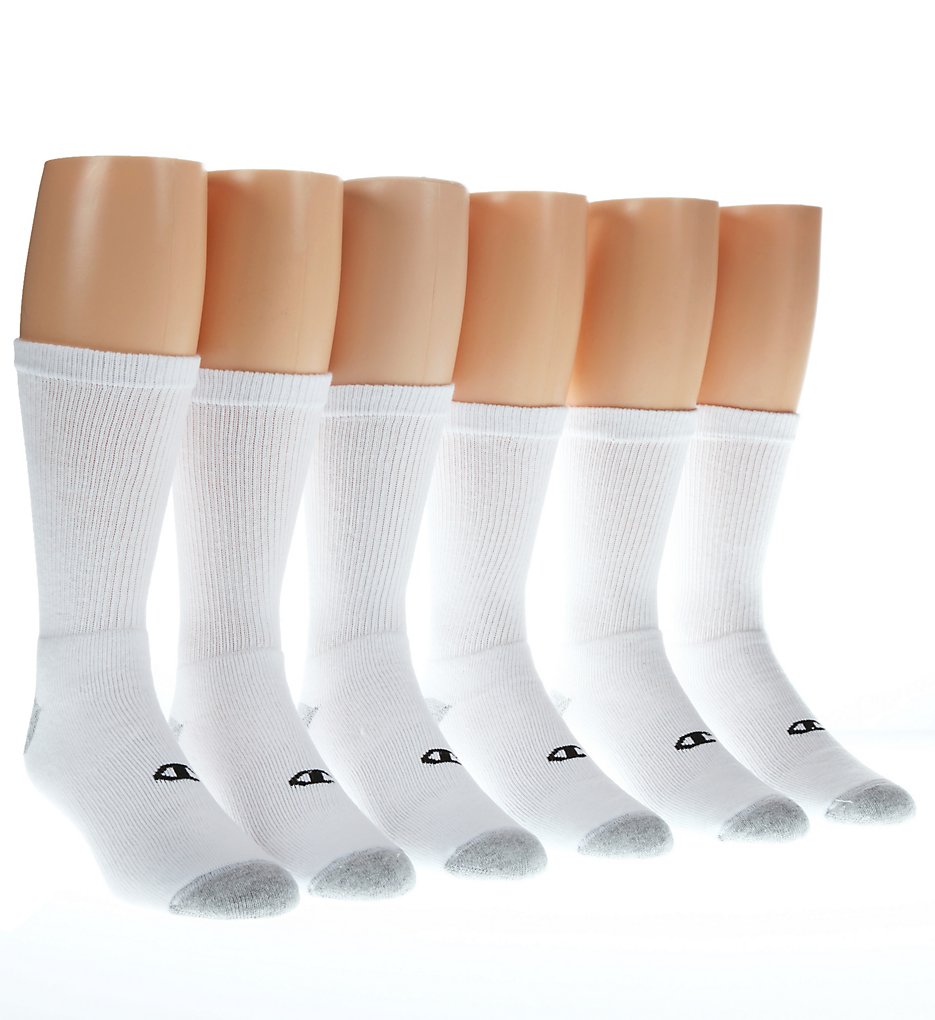 Champion CH600 Double Dry Performance Athletic Crew Sock - 6 Pack (White 12-14)
