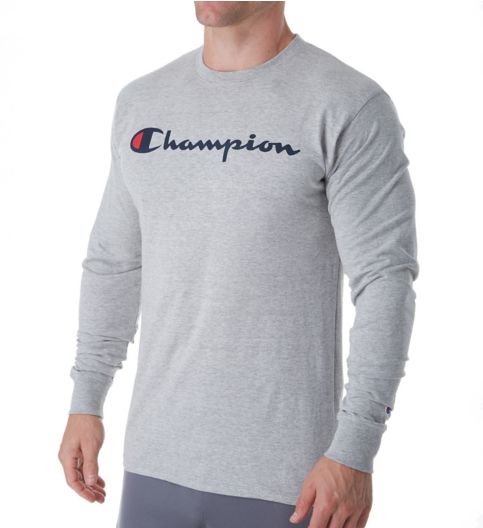 Champion Men s Classic Jersey Long Sleeve Tee Script Logo Granite Heather M