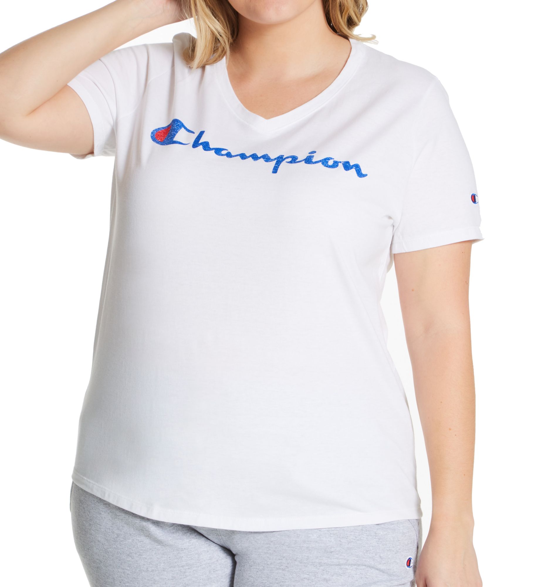 Champion Women's Plus Size Classic Graphic Jersey V-Neck T-Shirt in White | Size: 1X | HerRoom.com