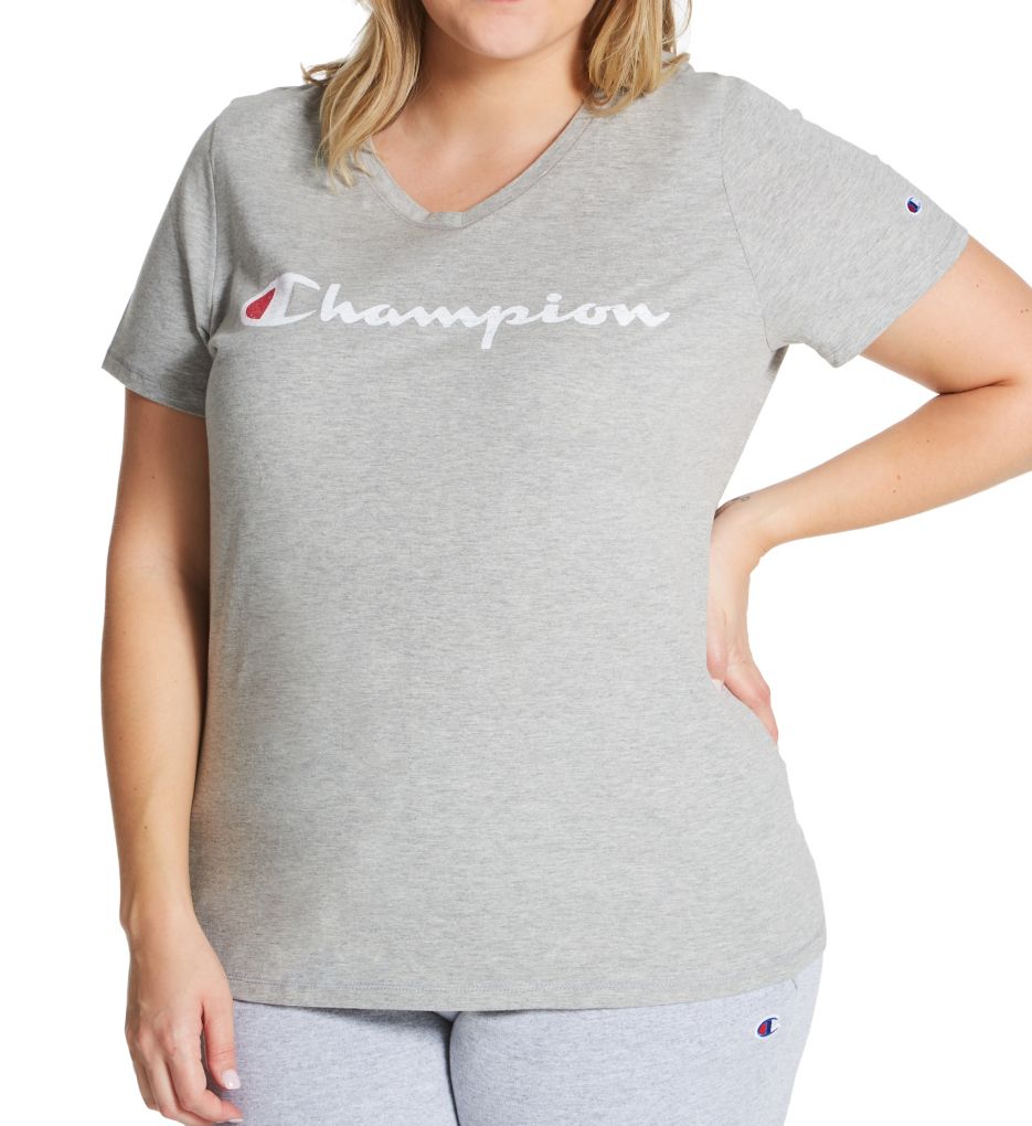 Champion Plus Size Classic Graphic Jersey V-Neck T-Shirt Oxford Gray 1X  - Image 1