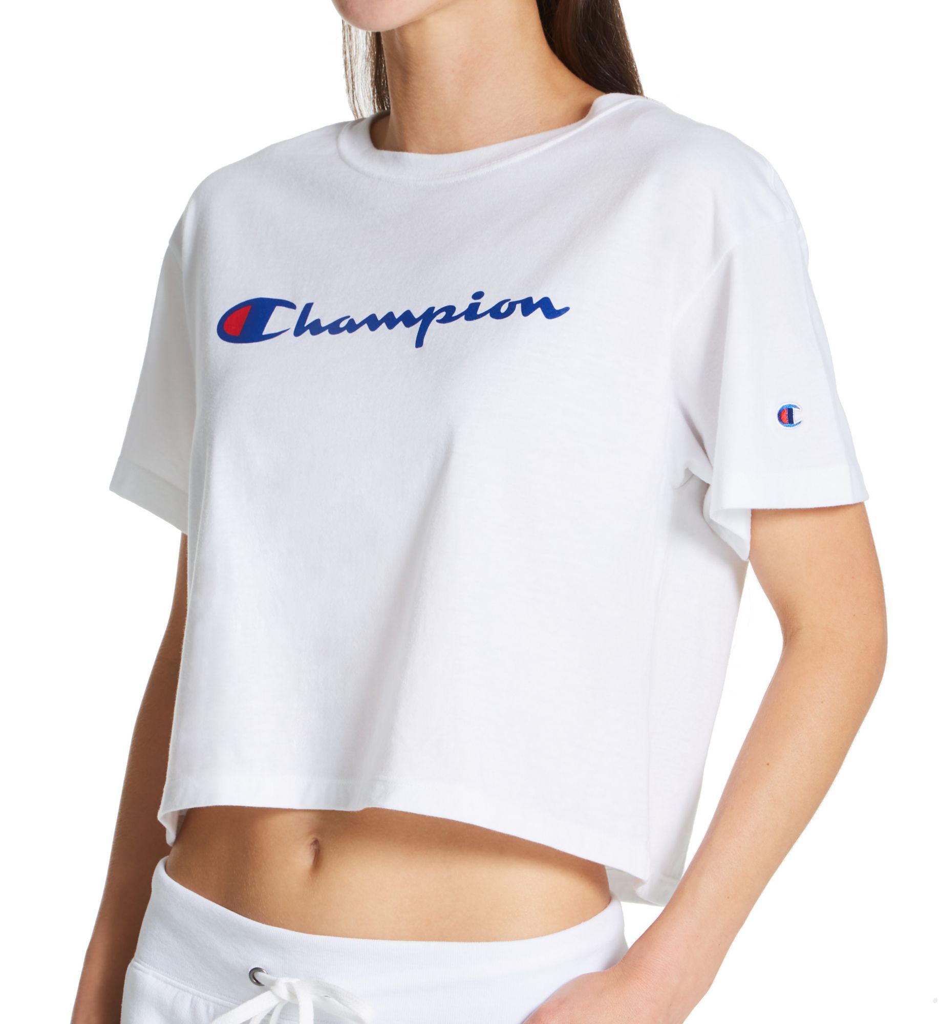 Champion Women's Classic Script Logo Cropped T-Shirt in White | Size: 2X | HerRoom.com