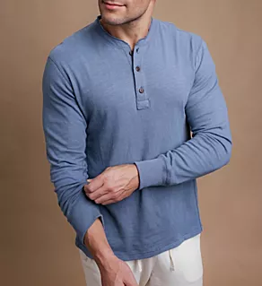 Latex Free Organic Cotton Long Sleeve Henley Shirt Smoke Blue 2XL