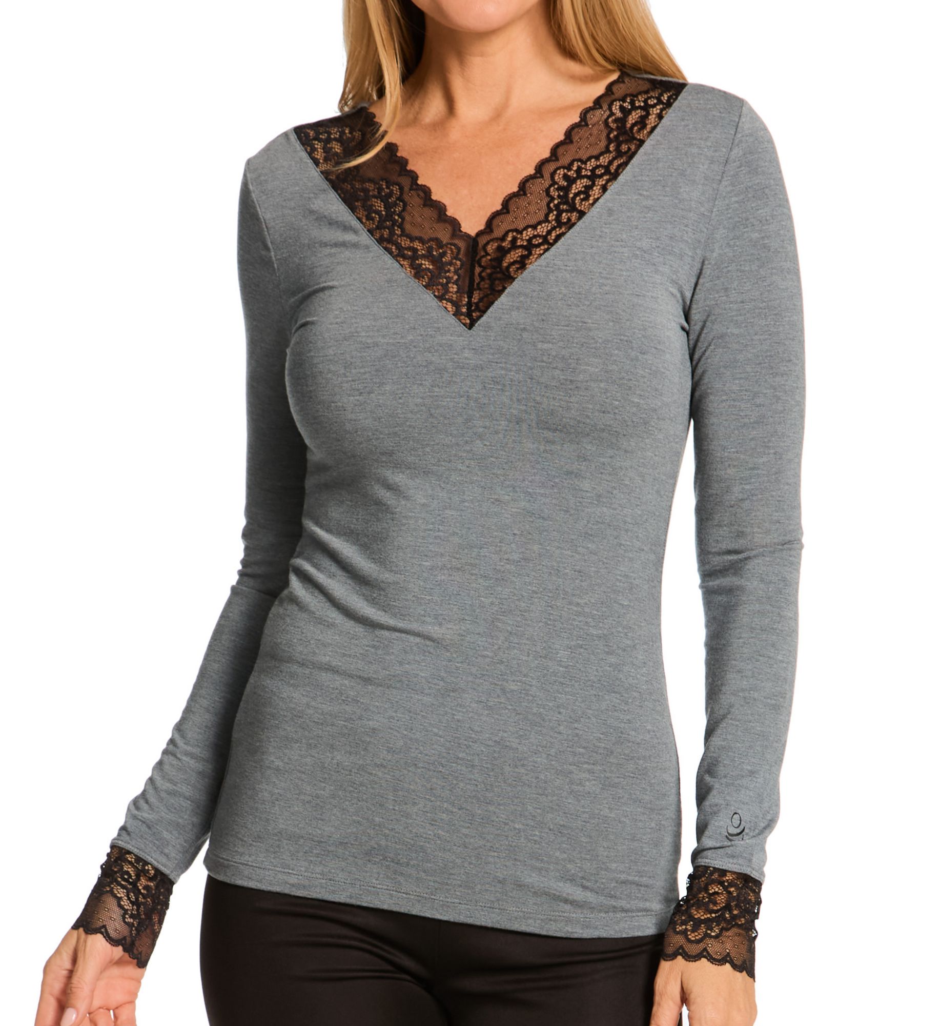 Cuddl Duds Women's Long Sleeve V-Neck with Lace in Charcoal Heather | Size: XL | HerRoom.com
