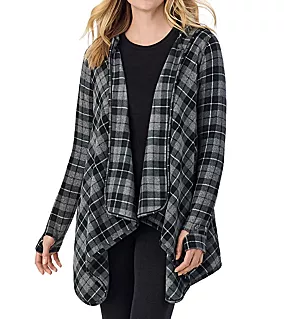Fleecewear with Stretch Long Sleeve Hooded Wrap Up Charcoal Tartan S/M