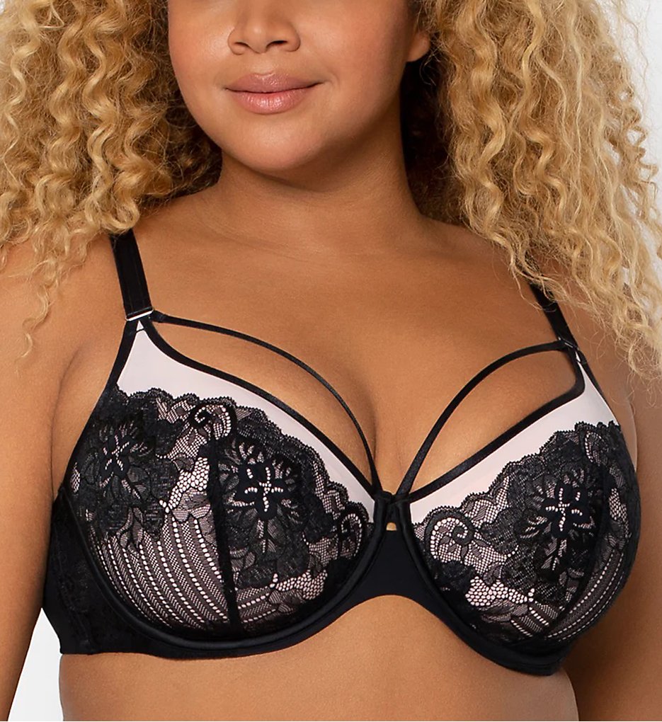 Curvy Couture - Curvy Couture 1267 Tulip Strappy Lace Push Up Bra (Black/Adobe Rose 46DD)