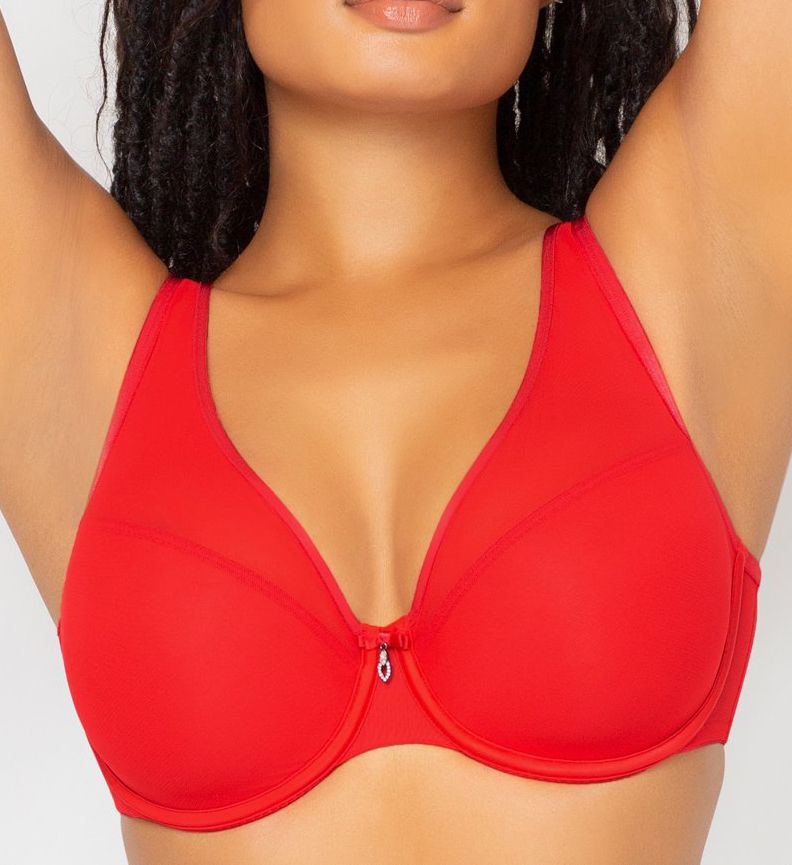 Curvy Couture : Curvy Couture 1310 Sheer Mesh Plunge Push Up Underwire Bra (Diva Red 42DDD)