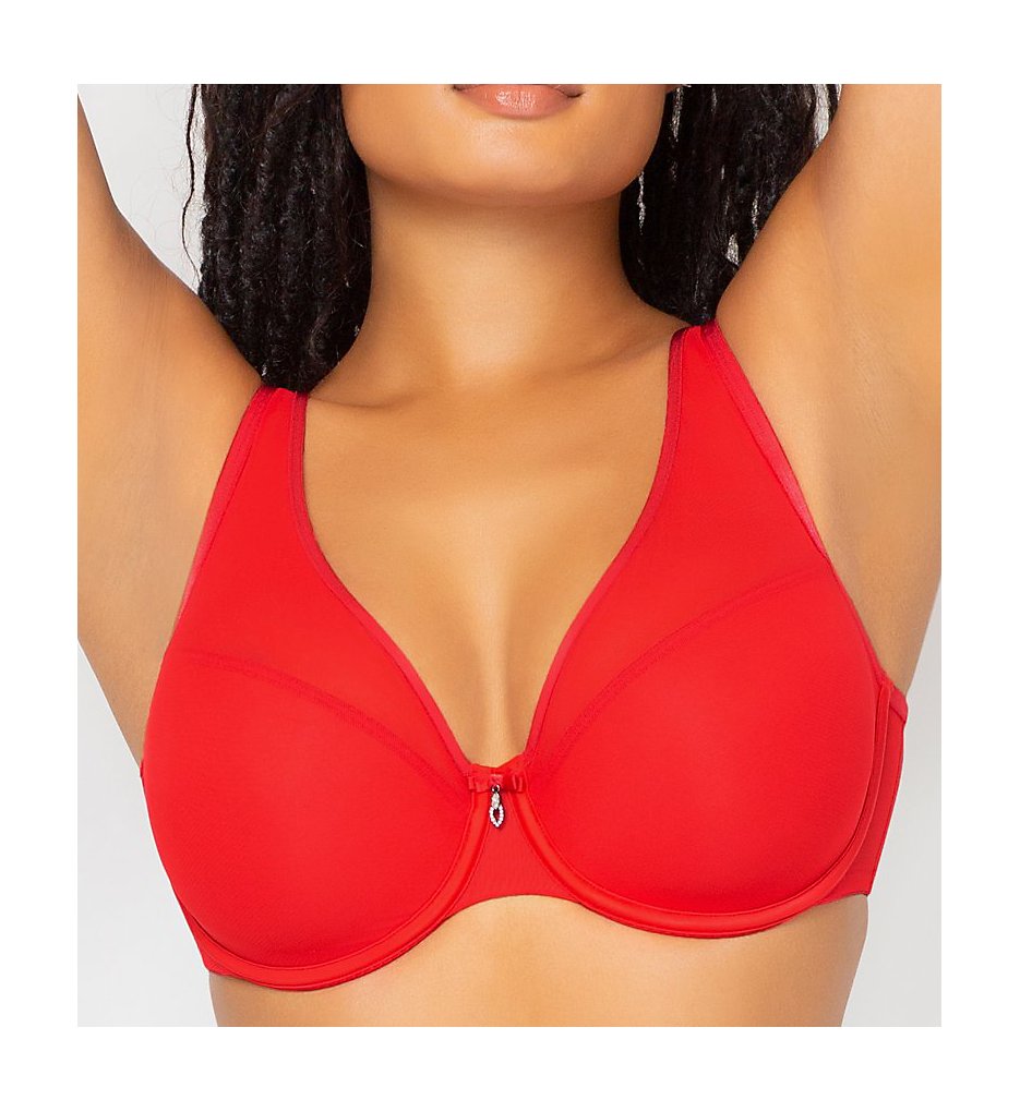 Curvy Couture - Curvy Couture 1310 Sheer Mesh Plunge Push Up Underwire Bra (Diva Red 42DDD)