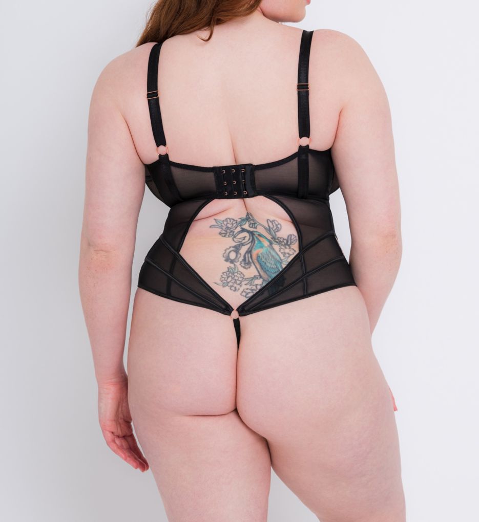 Plus Size Patterned Lace Caged Side Bustier Bodysuit - Black