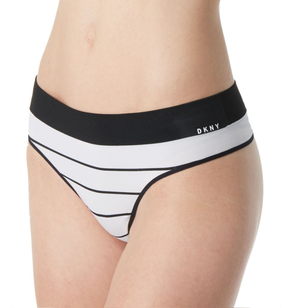 DKNY Women's Seamless Litewear Thong Panty in Black/White Stripe | Size Small | HerRoom.com