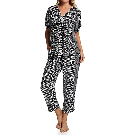 Donna Karan Sleepwear Woven Abstract Print Cropped V-Neck PJ Set D3923482