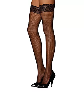 Fishnet Thigh Highs with Lacy Silicone Bands Black O/S