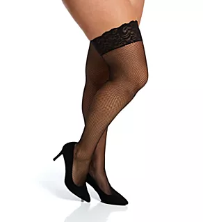 Plus Fishnet Thigh Highs with Lacy Silicone Bands Black O/S Plus