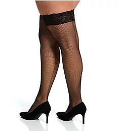 Plus Fishnet Thigh Highs with Lacy Silicone Bands Black O/S Plus