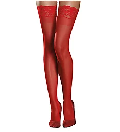 Sheer Thigh High With Stay Up Silicone Lace Top Red O/S