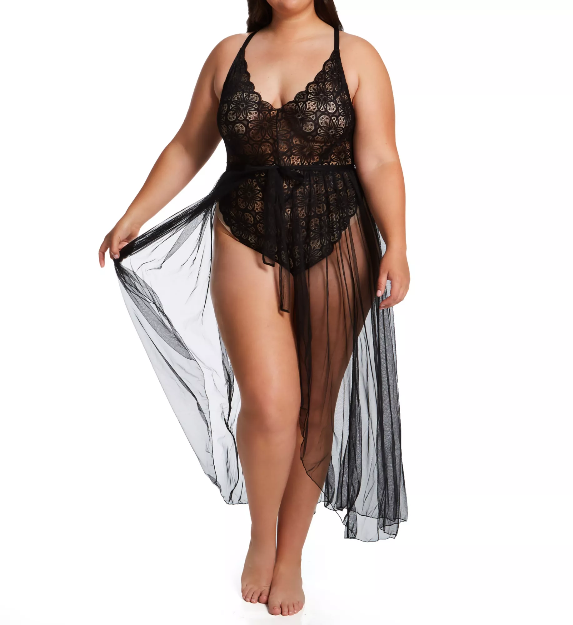 Stretch Lace Teddy Modified Back & Sheer Mesh Maxi Skirt W-adjustable Straps & G-string Rouge 3x