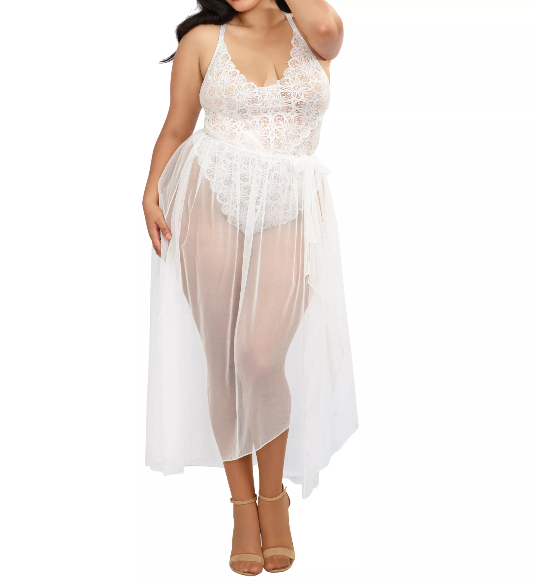 Smply Sxy Strtch Lace Teddy(modified) Sheer Mesh Maxi Skrt W-adjstabl Strps & G-strng Coral 2x