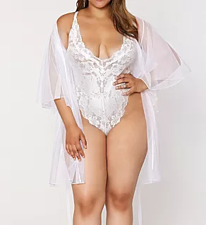Plus Sized Mesh Robe & Teddy 2 Pc Set White 1X