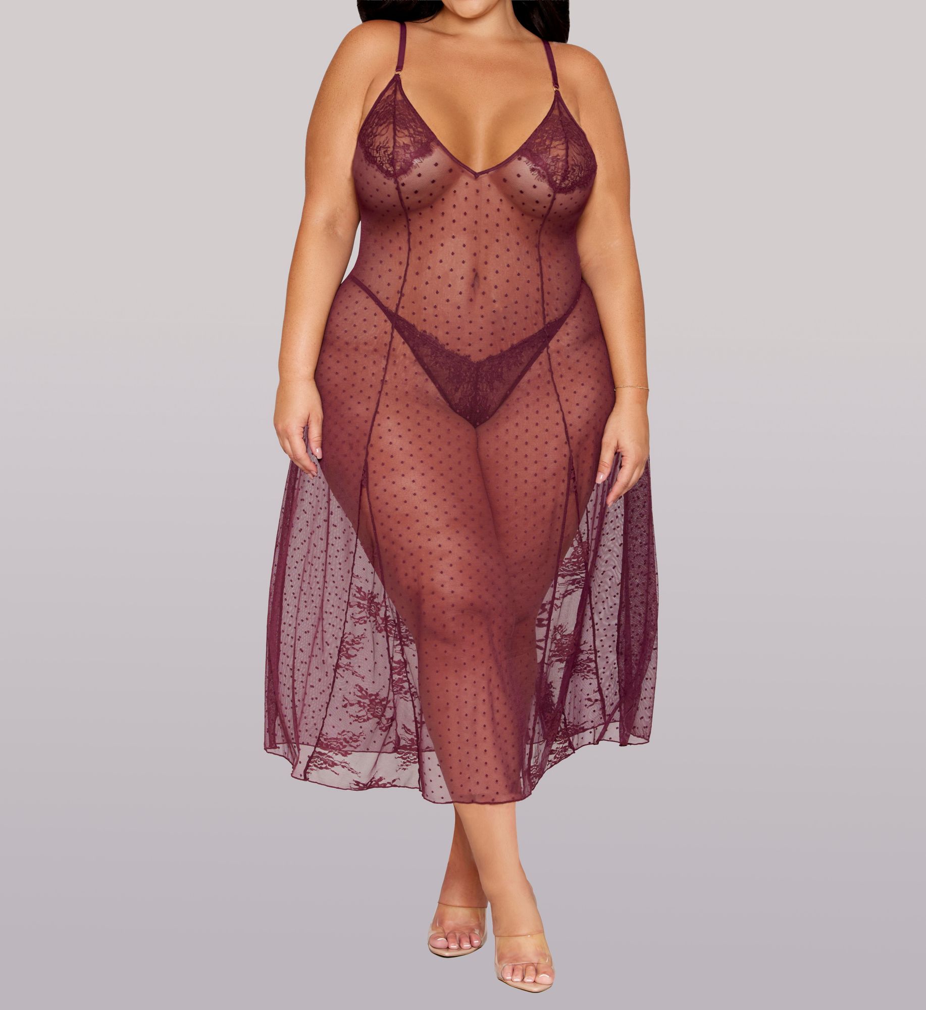Dreamgirl Women's Plus Size Dot Stretch Mesh & Eyelash Lace Gown Set in Cherry Lacquer | Size: 3X | HerRoom.com