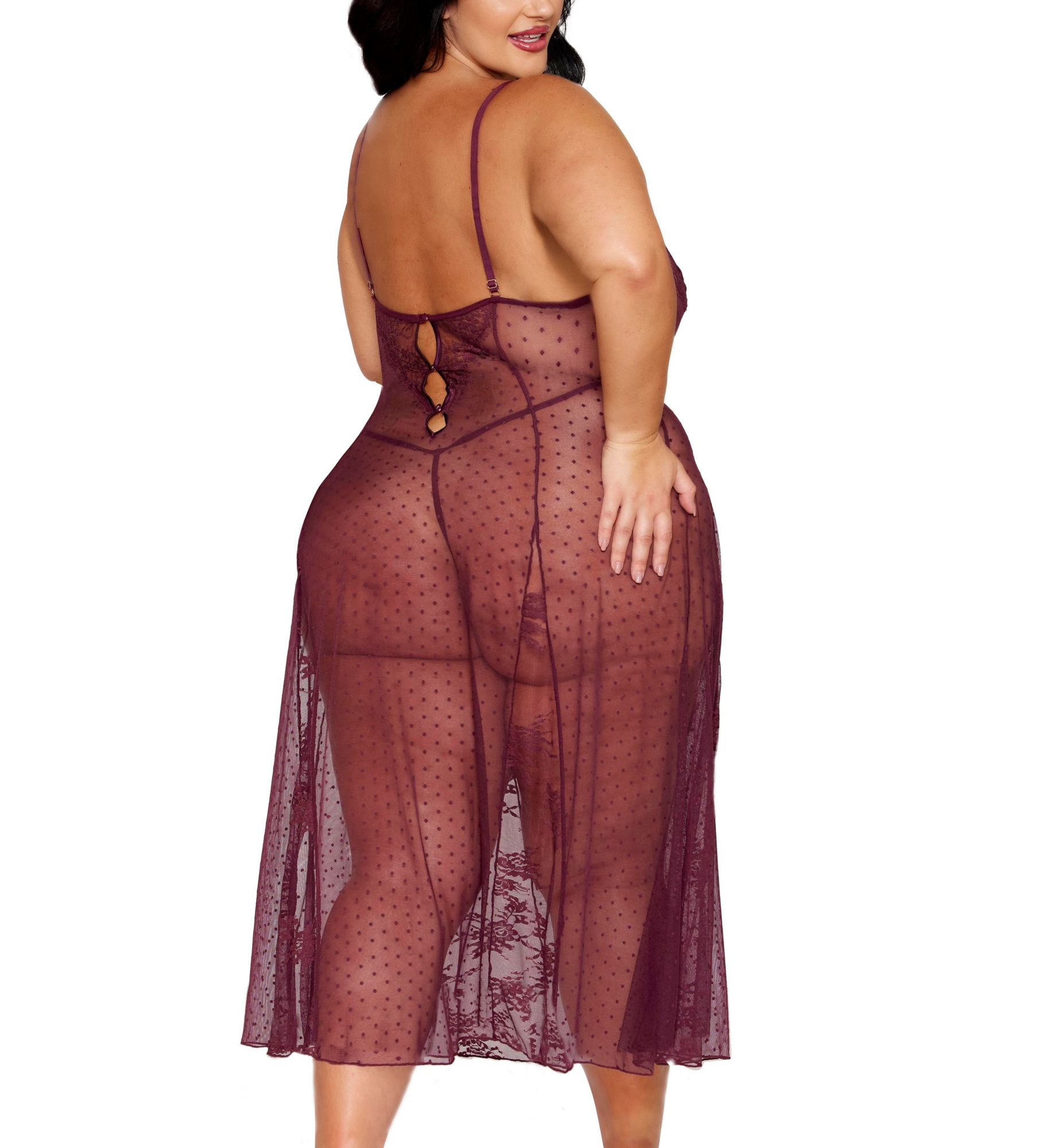 Dreamgirl Plus Size Dot Stretch Mesh & Eyelash Lace Gown Set 13641X - Image 2