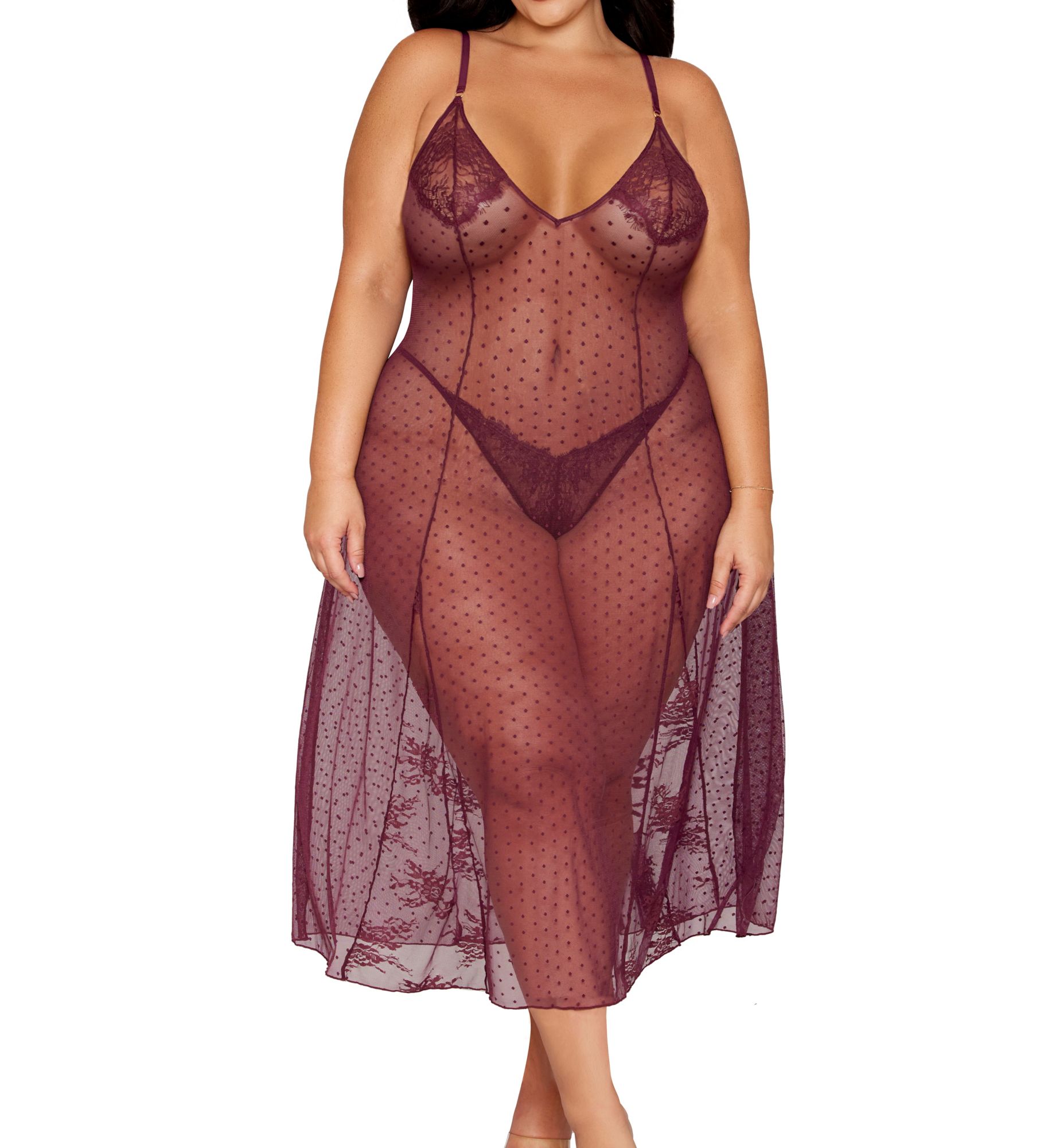 Dreamgirl Plus Size Dot Stretch Mesh & Eyelash Lace Gown Set 13641X - Image 1