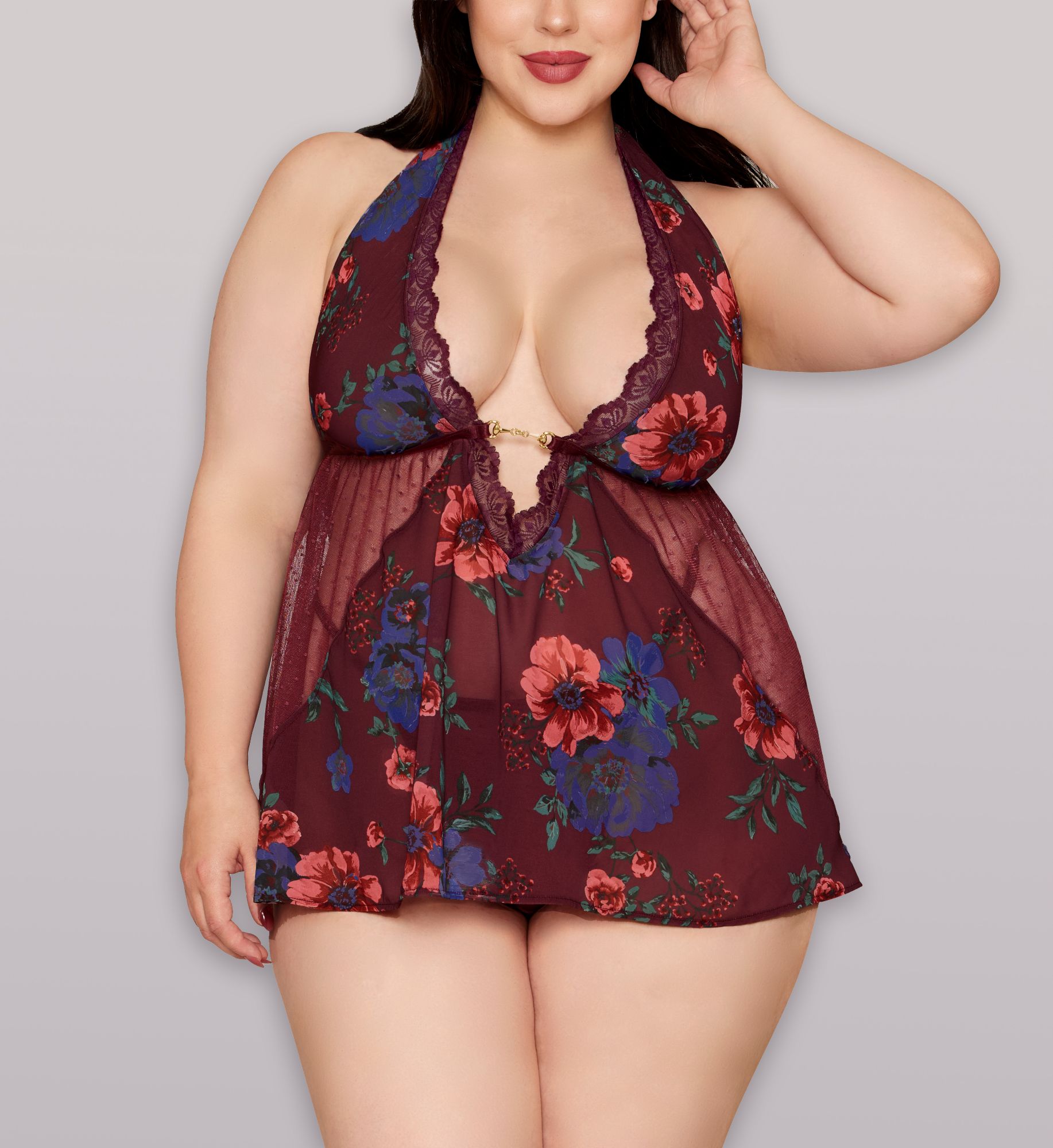 Dreamgirl Women's Plus Size Print Chiffon And Dot Mesh Babydoll Set in Cherry Lacquer | Size: 3X | HerRoom.com