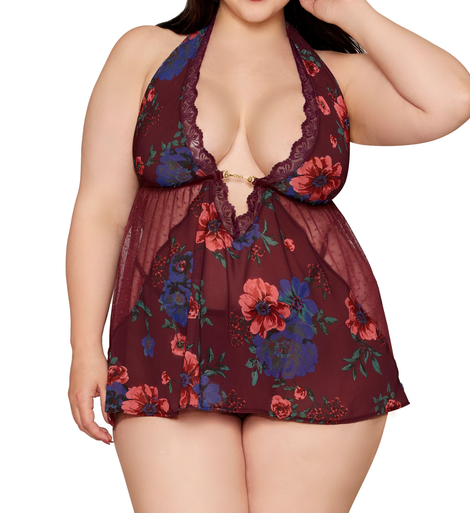 Dreamgirl Plus Size Print Chiffon And Dot Mesh Babydoll Set 13644X - Image 1