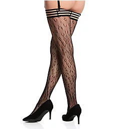 Leopard Thigh High Stockings with Stripe Top Black O/S