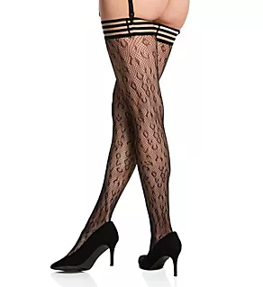 Leopard Thigh High Stockings with Stripe Top Black O/S