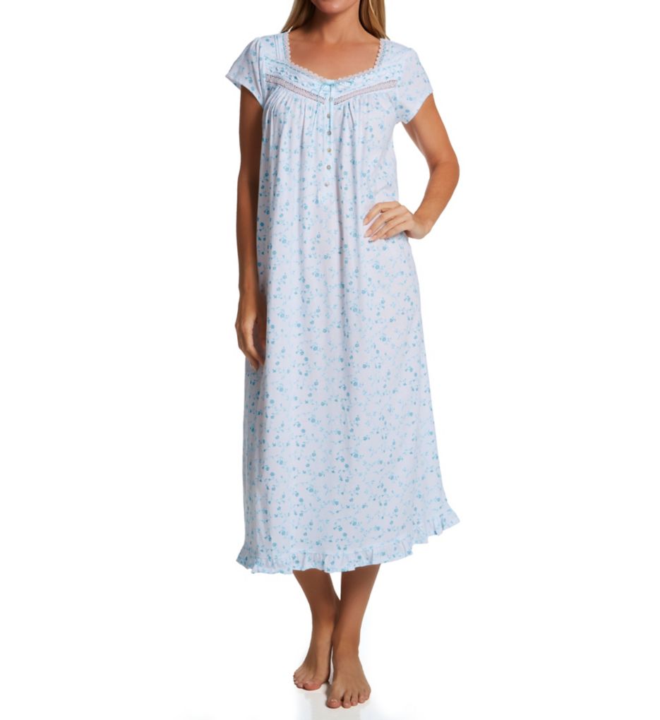 100% Cotton Jersey Knit Cap Sleeve Long Nightgown Aqua Swirl L by