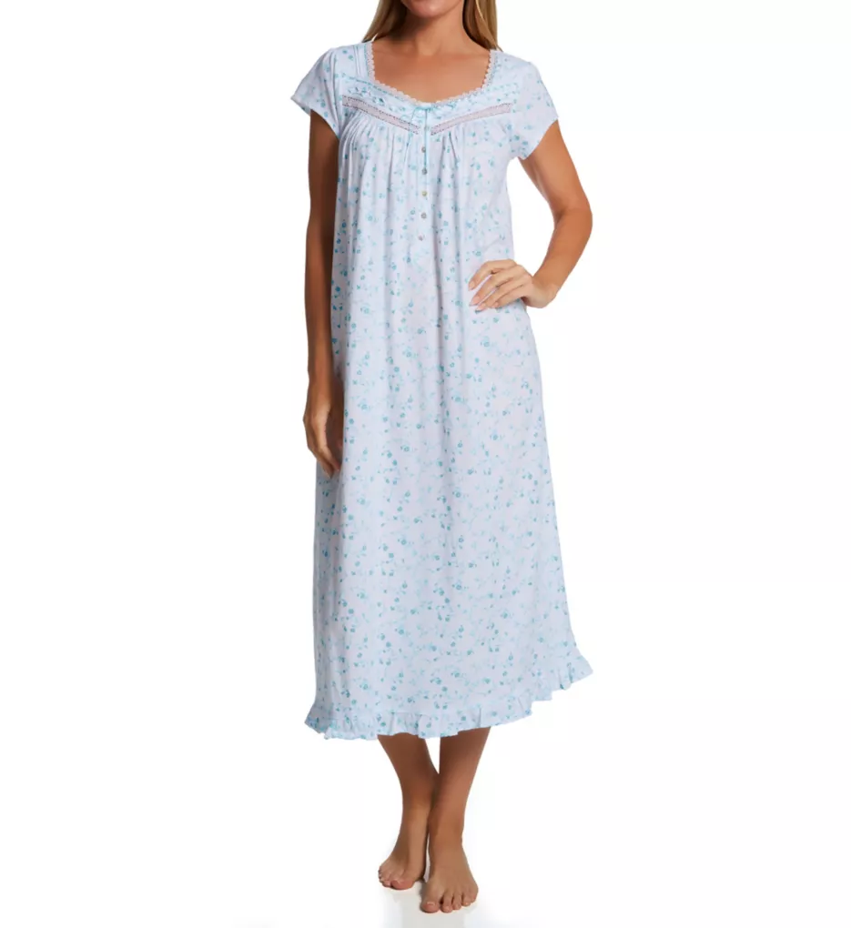 Cotton Modal Jersey Waltz Cap Sleeve Nightgown Aqua Floral 3X by Eileen West