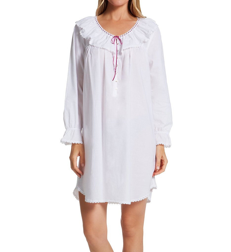 Short Long Sleeve Nightgown White S by Eileen West