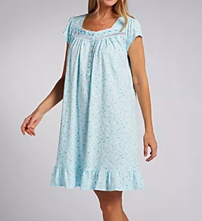 100% Cotton Jersey Knit 38 Cap Sleeve Short Gown Aqua Floral Vine S