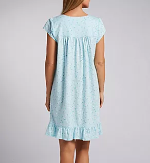 100% Cotton Jersey Knit 38 Cap Sleeve Short Gown Aqua Floral Vine S