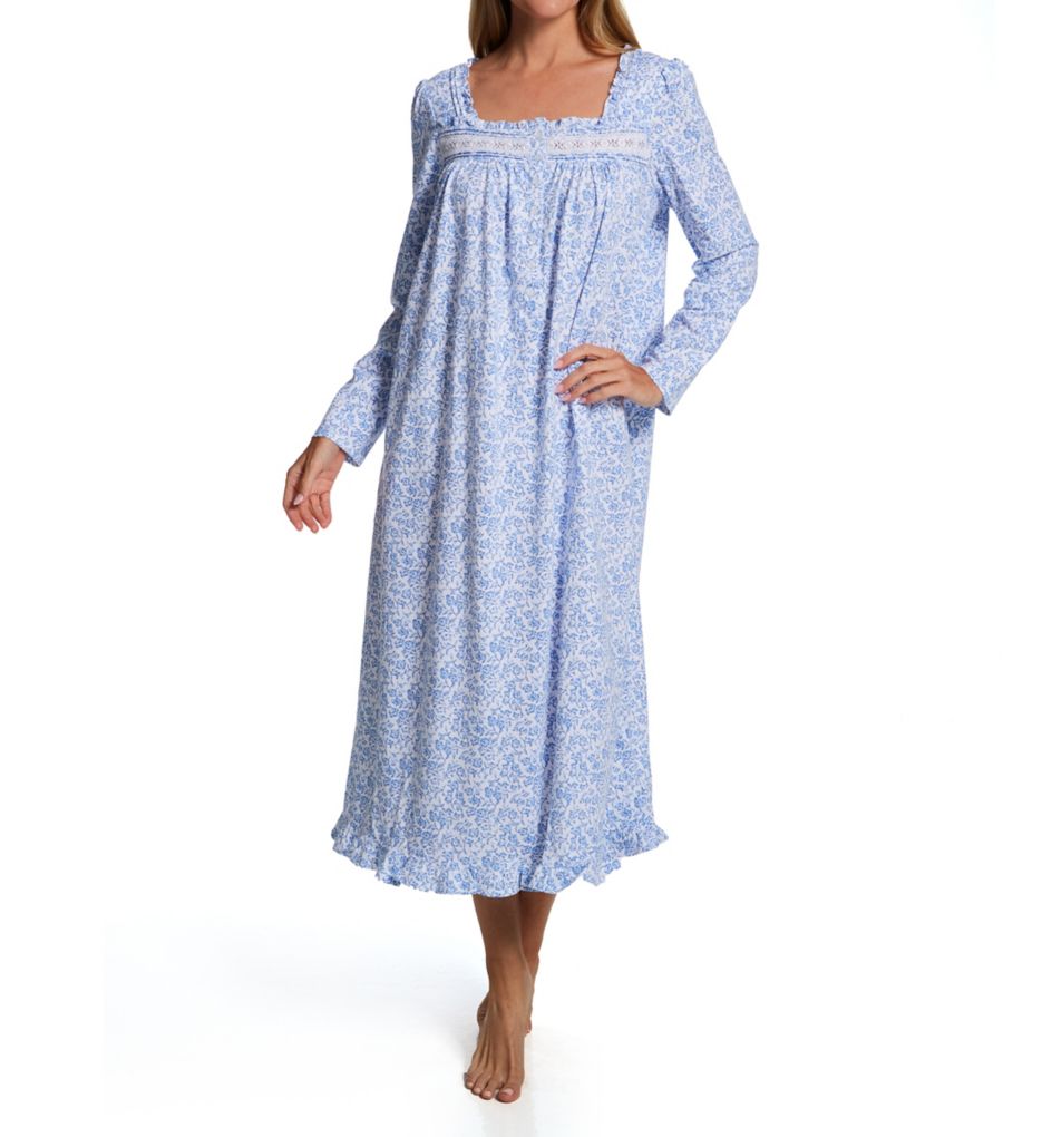 Eileen West Long Sleeve Cotton Jersey Long Gown Blue Viney Floral SM at   Women's Clothing store