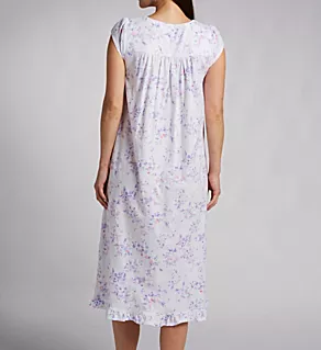 100% Cotton Jersey Knit 48 Cap Sleeve Long Gown White Ground Lilac S