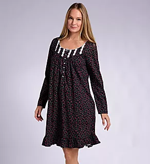 38 Short Long Sleeve Nightgown Black Garden Ditsy S
