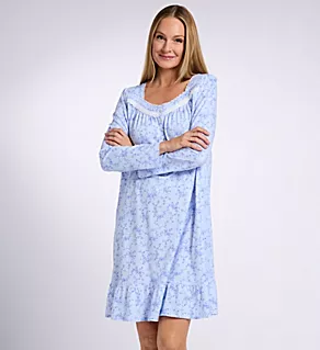 38 Short Long Sleeve Nightgown Blue Grd Viney Floral L