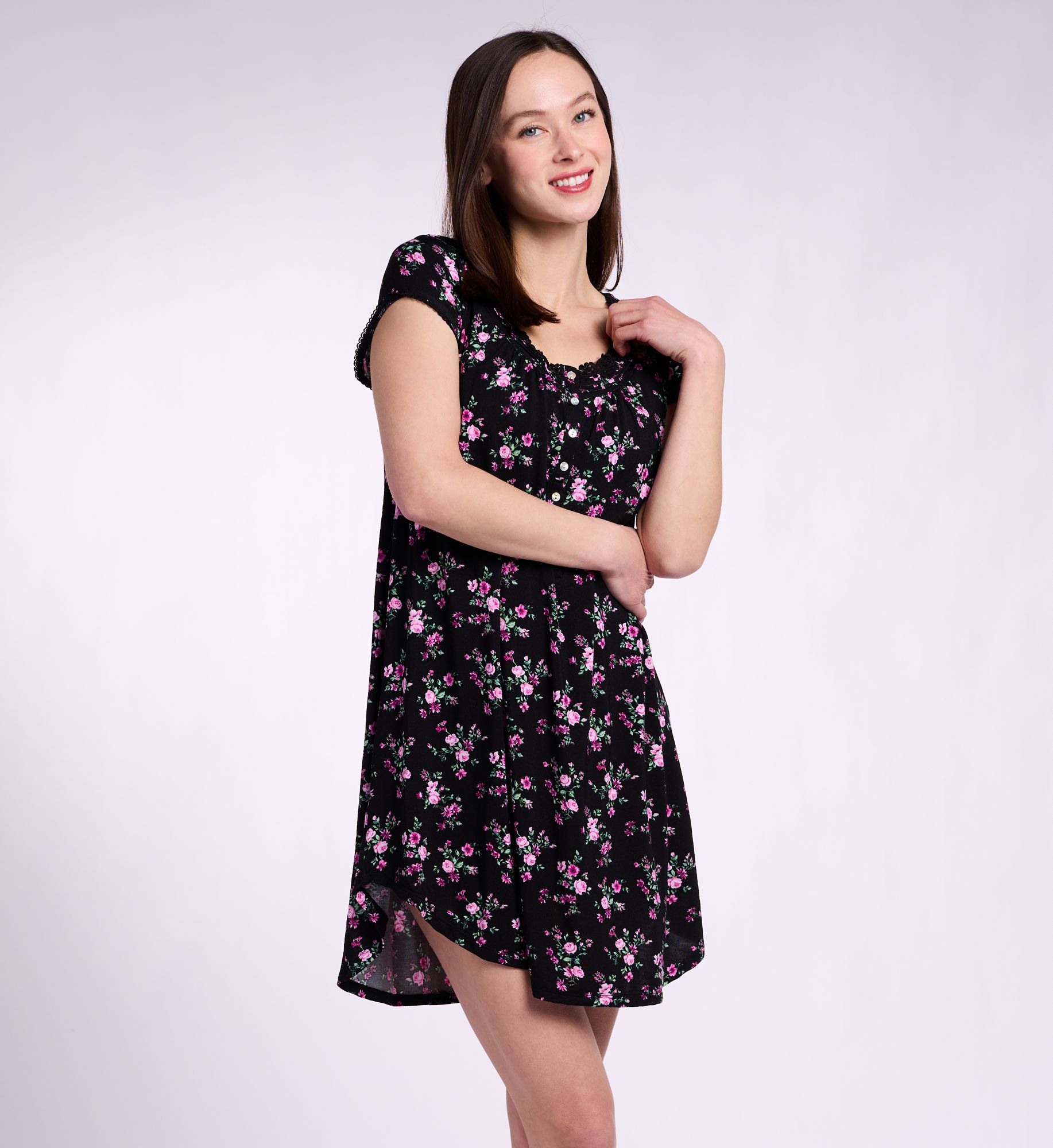 Eileen West Women's Tencel Modal Jersey 36 New Cap Sleeve Nightshirt in Black Garden Floral | Size: Medium | HerRoom.com