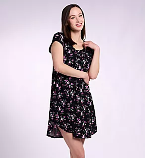 Tencel Modal Jersey 36 New Cap Sleeve Nightshirt Black Garden Floral S