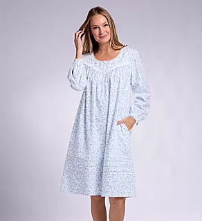 Cotton Flannel Long Sleeve Waltz Nightgown White Ground Blue Leav S