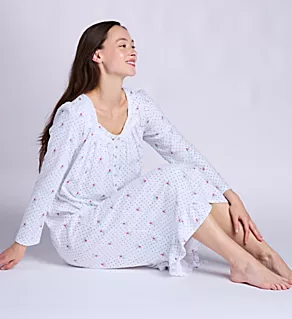 48 Cotton Knit Long Sleeve Ballet Nightgown White Grd Rosebud Dots S