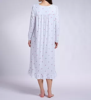 48 Cotton Knit Long Sleeve Ballet Nightgown White Grd Rosebud Dots S