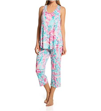 Ellen Tracy Leaf Tank and Cropped Pant PJ Set with Soft Bra
