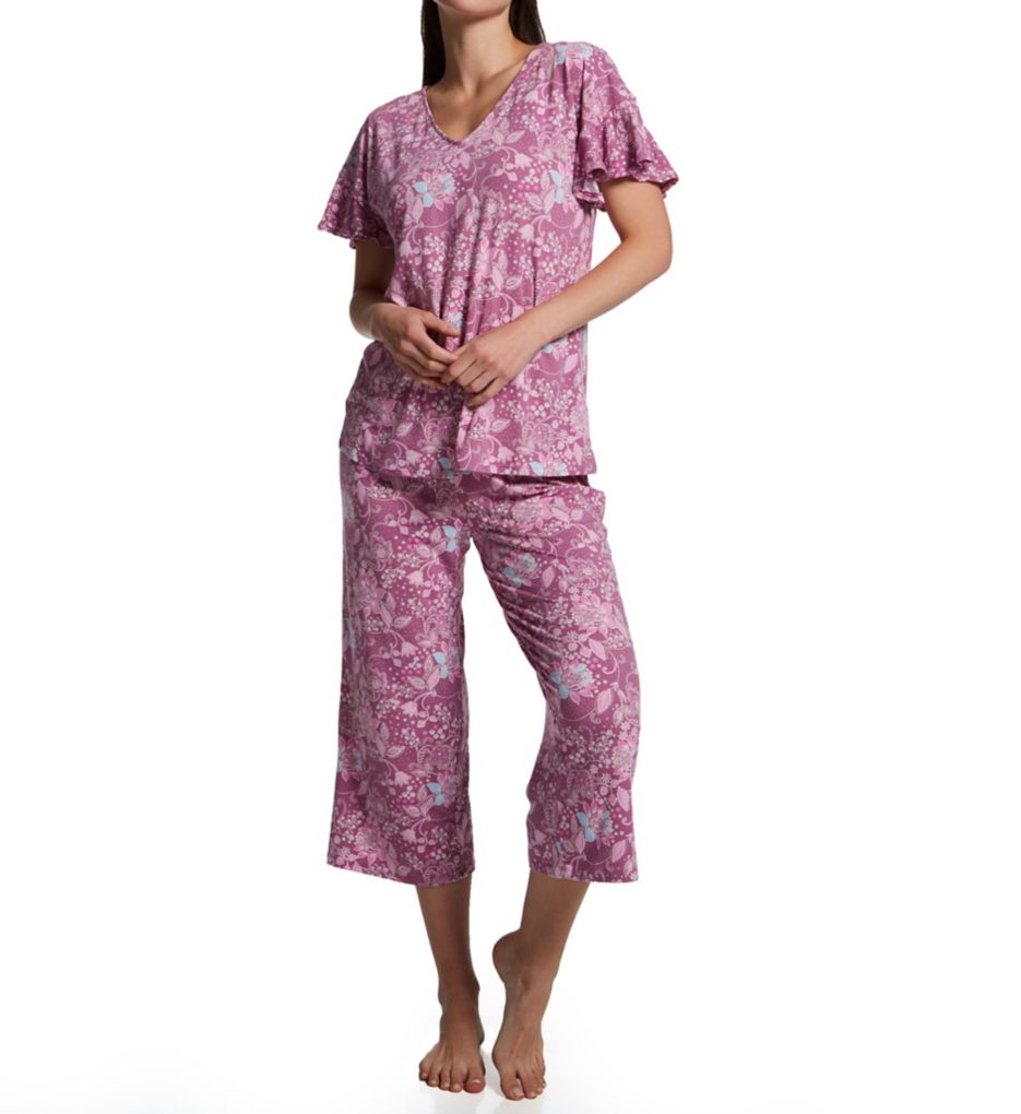 Plum Floral Short Sleeve Wide Leg Capri PJ Set