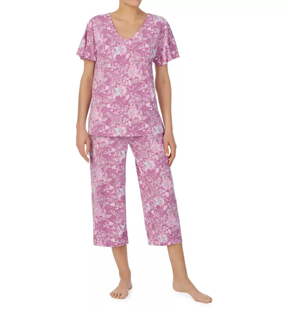 Plum Floral Short Sleeve Wide Leg Capri PJ Set