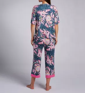 Jersey Elbow Sleeve Cropped Wide Leg Pant PJ Set Floral S