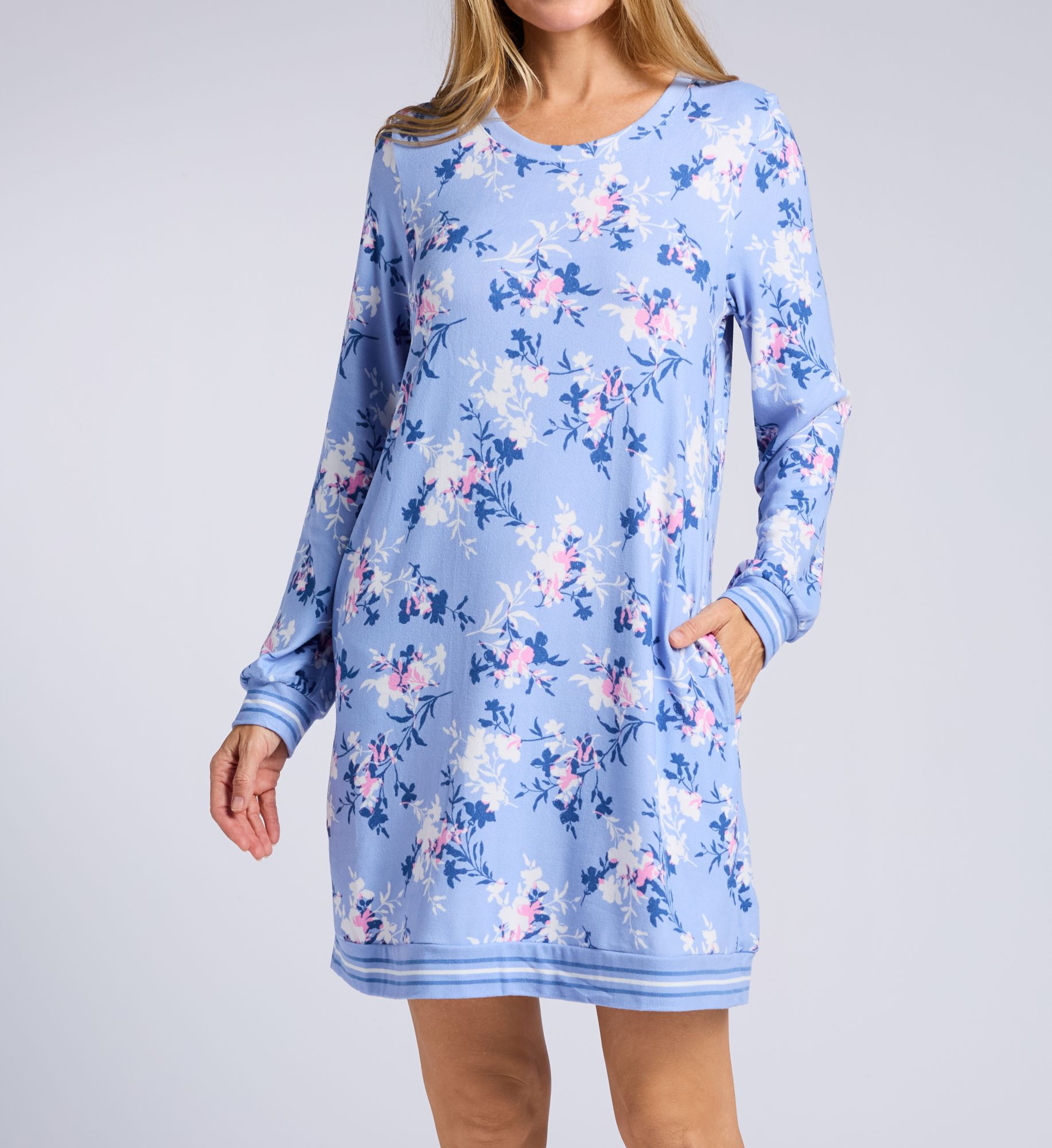 Ellen Tracy Women's Brushed Sweater Long Sleeve Sleep Shirt in Blue Botanical Print | Size: Large | HerRoom.com