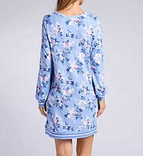 Brushed Sweater Long Sleeve Sleep Shirt Blue Botanical Print S