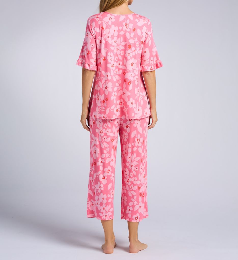 Ellen Tracy Short Sleeve PJ Set With Cropped Pant Pink Print L  - Image 2