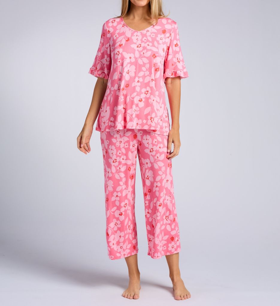 Ellen Tracy Short Sleeve PJ Set With Cropped Pant Pink Print L  - Image 1